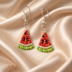 Seed Bead Watermelon Earrings, Handmade Beaded Dangle Earrings, Red & Green Summ